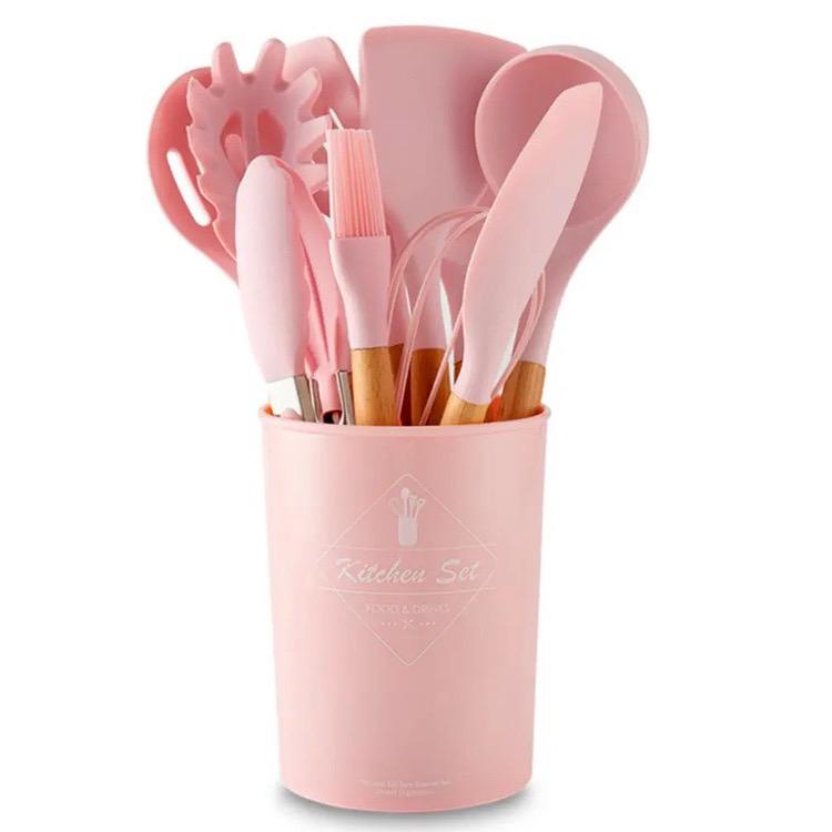 SILICON UTENSIL SET 12 PCS / SPATULA PERALATAN MASAK / SUTIL PEGANGAN KAYU BAKING SET + WADAH SUTIL FREE PACKING DUS FBL