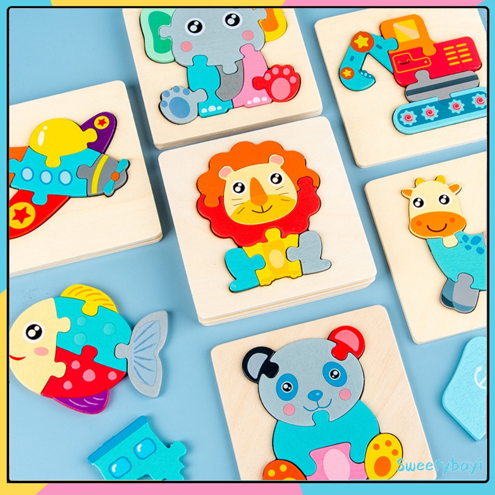 Sweetybayi 3D Puzzle Jigsaw /puzzle kayu gambar hewan dan kendaraan lucu mainan bayi