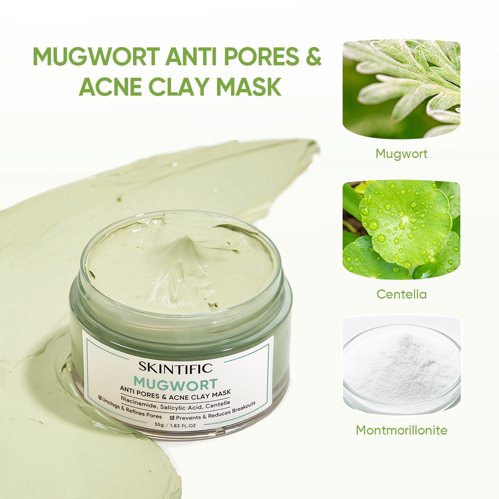 SKINTIFIC Mugwort Acne Clay Mask Jerawat Masker Wajah Masker & Wajah Bubuk Scrub Lulur Badan & Blackhead Remove