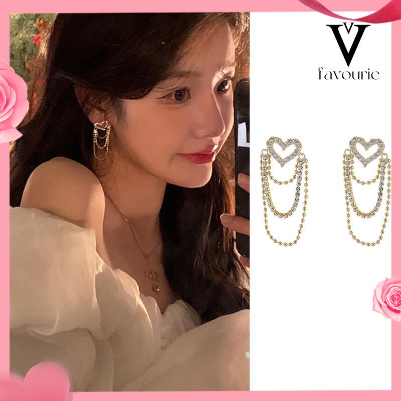 CODAnting rumbai Korea Rhinestone Berbentuk Hati Earrings Anting Tindik Perhiasan Wanita Fashion Murah Hadiah Perhiasan-FA