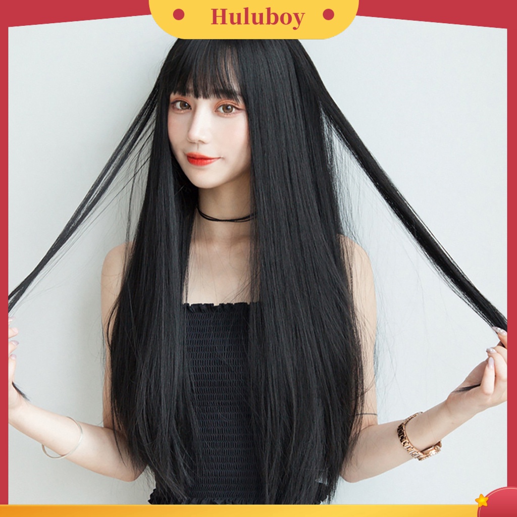 Wig Rambut Panjang Lurus Breathable Bahan Serat Suhu Tinggi Warna Hitam Untuk Wanita