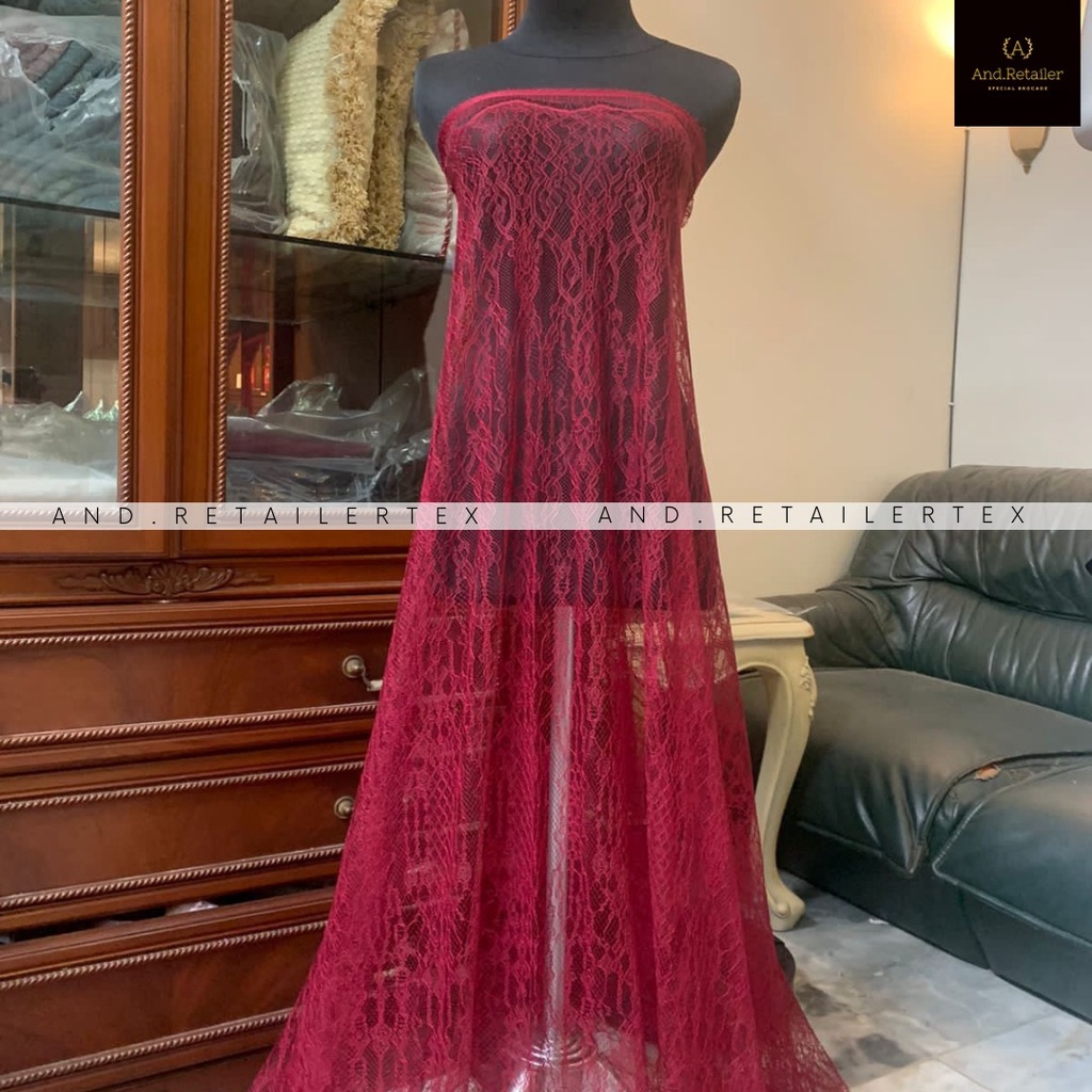 Bahan kebaya Brokat Lace Chantily Santili Semi France Aphrodite Warna Merah Maroon