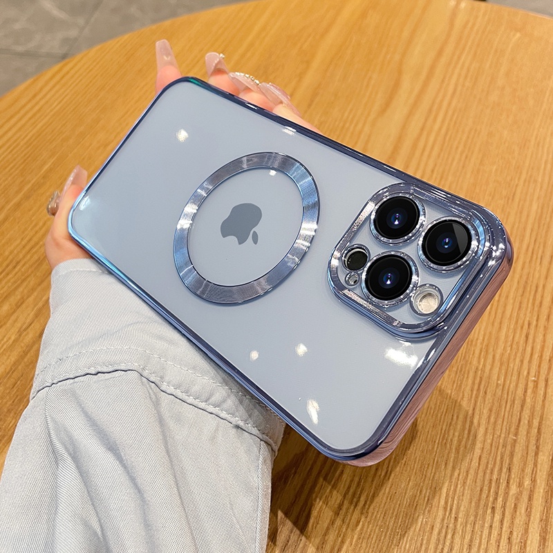 IPHONE Mewah Plating Bening Logo Lubang Shockproof Phone Case Untuk Iphone11 12 13 14 Pro Max Mini XR X XS 78 Plus Cover Perlindungan Lensa