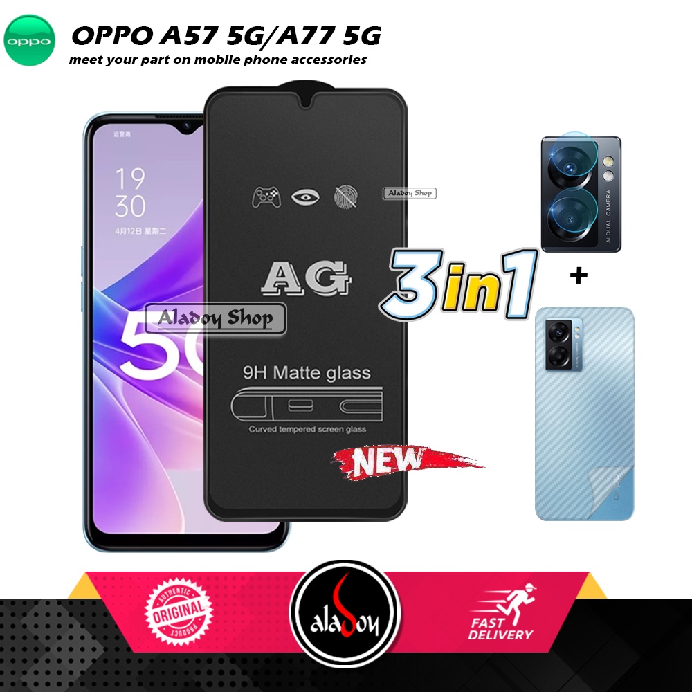 Paket 3IN1 Tempered Glass Layar Matte Anti Glare Oppo A57 5G/A77 5G Free Tempered Glass Camera dan Skin Carbon