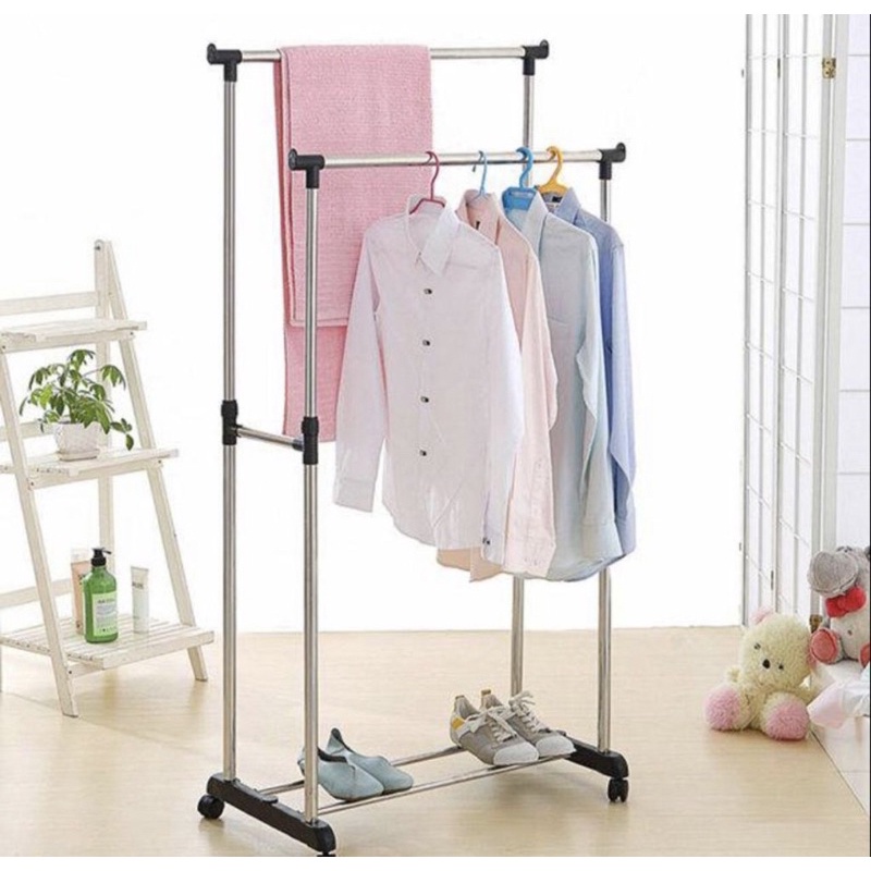 Stand Hanger Double Pole Gantungan Jemuran Baju Dobel Pole Rak Baju Serbaguna