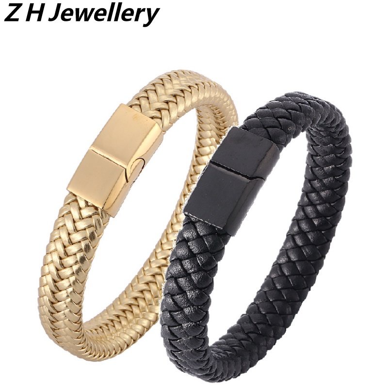 [Z H Perhiasan] Hip Hop Rock Retro Pria Fashion Stainless Steel Gesper Magnetik Gelang Kulit Pesta Perhiasan Aksesoris