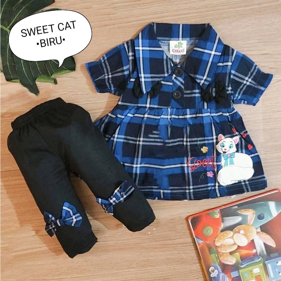 Setelan Baju Anak Perempuan / Setelan Kemeja Legging Bayi Cewek Celana Panjang Motif Sweet Cat Usia 0-2 Tahun