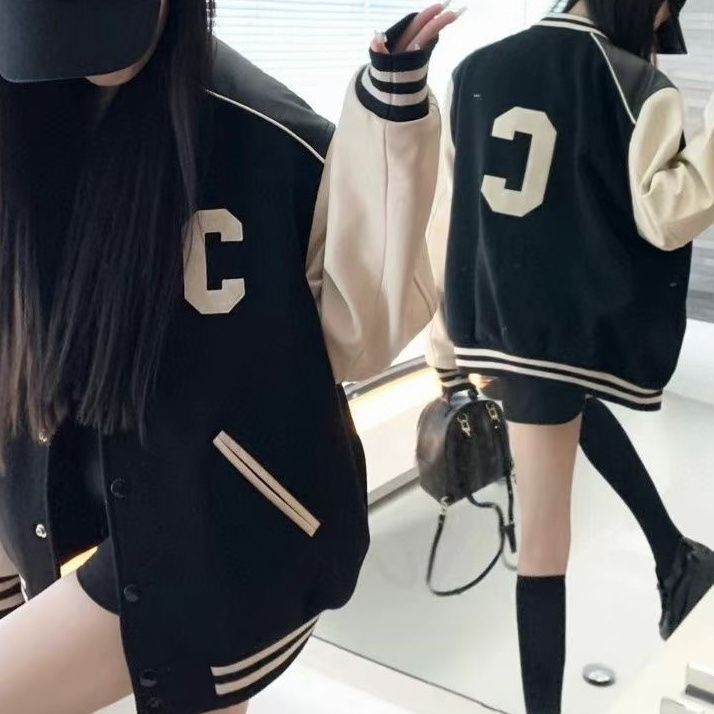 Celine Bisbol Seragam 22S Handuk Bordir Big C Kulit Patchwork Populer Bisbol Seragam Jaket Pan Weibo