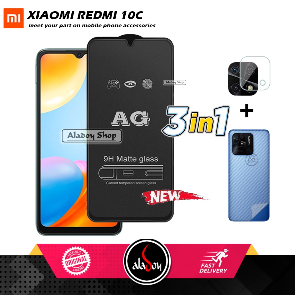 Paket 3IN1 Tempered Glass Layar Matte Anti Glare XIAOMI REDMI 10C Free Tempered Glass Camera dan Skin Carbon