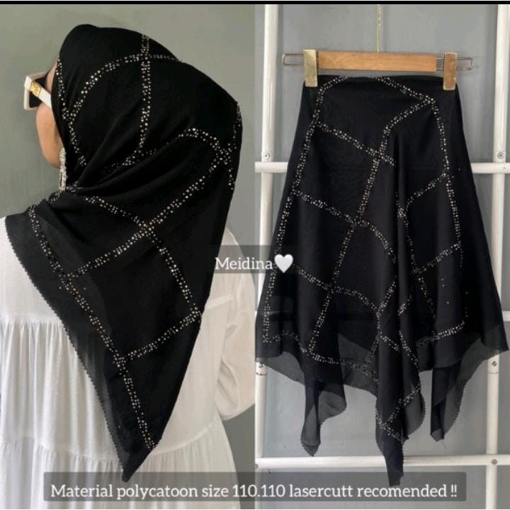 hijab segi empat payet press pesta motif kotak