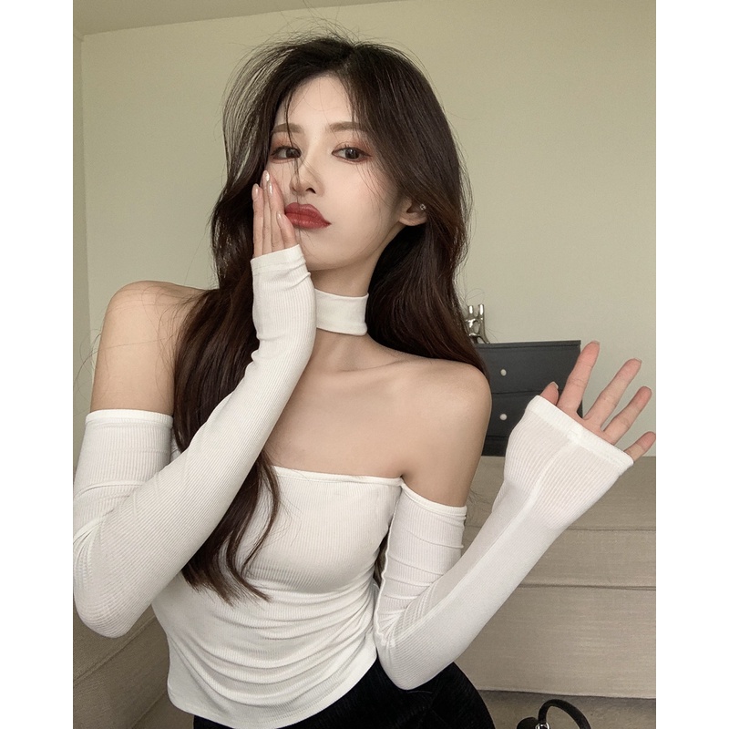 ❇☫Suhao Putih Satu Bahu Lengan Panjang T-shirt Wanita Musim Gugur Keinginan Murni Gadis Panas Menggantung Leher Seksi Ketat Tidak Teratur kemeja Top