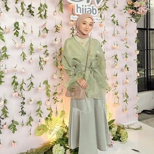 Aura Label - Rosie Bow Organza Top Sage Green - MOST WANTED blouse wanita organza sage green pita puff