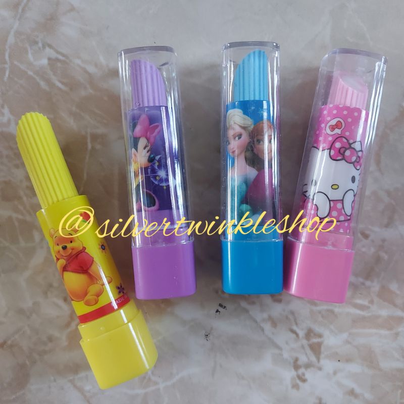 

Penghapus pensil lipstick lipstik princess eraser anak perempuan pencil alat tulis sekolah peralatan kantor stationary stationery karakter dengan tutup lucu fancy grosir murah stip hapusan warna warni souvenir goodie bag frozen hello kitty karet