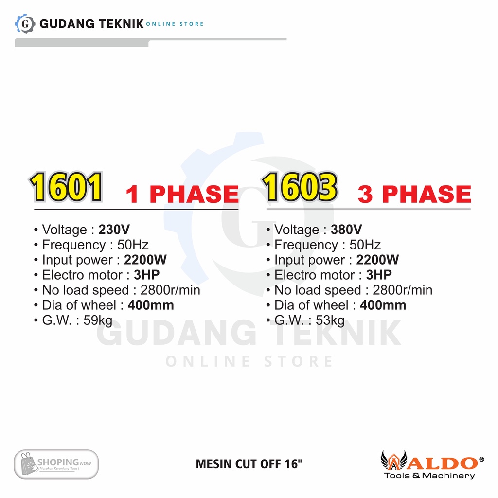 Mesin Potong Besi 16&quot; 2200W ALDO 1601 1PHASE / Mesin Cut Off Cutting Wheel 1PHASE 3HP 16inch  - Cut Off Machine 1PHASE 3HP