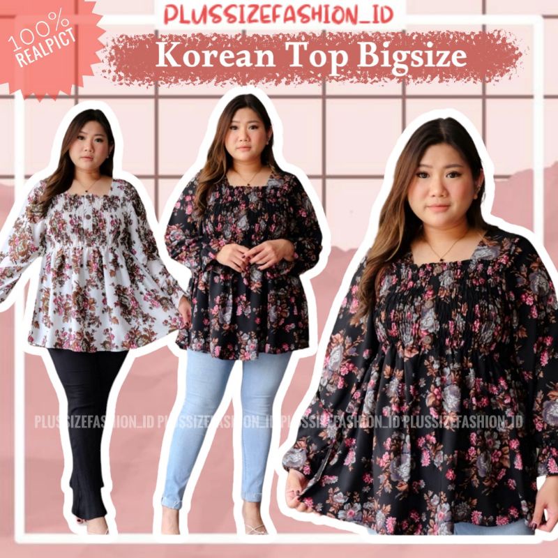 BLUS JUMBO WANITA LD 120 ATASAN BIGSIZE MOTIF BUNGA KOREAN BLOUSE XXL LENGAN PANJANG