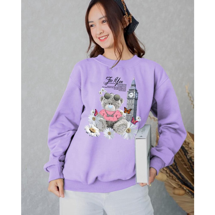 Kaos Lengan Panjang DTF BUNGA BEAR / Kaos Sweatshirt / Atasan Wanita / Atasan Wanita Lengan Panjang