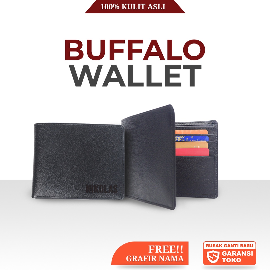 Dompet Kulit Pria Buffalo Hitam Kulit Sapi Asli - Gratis Grafir Nama