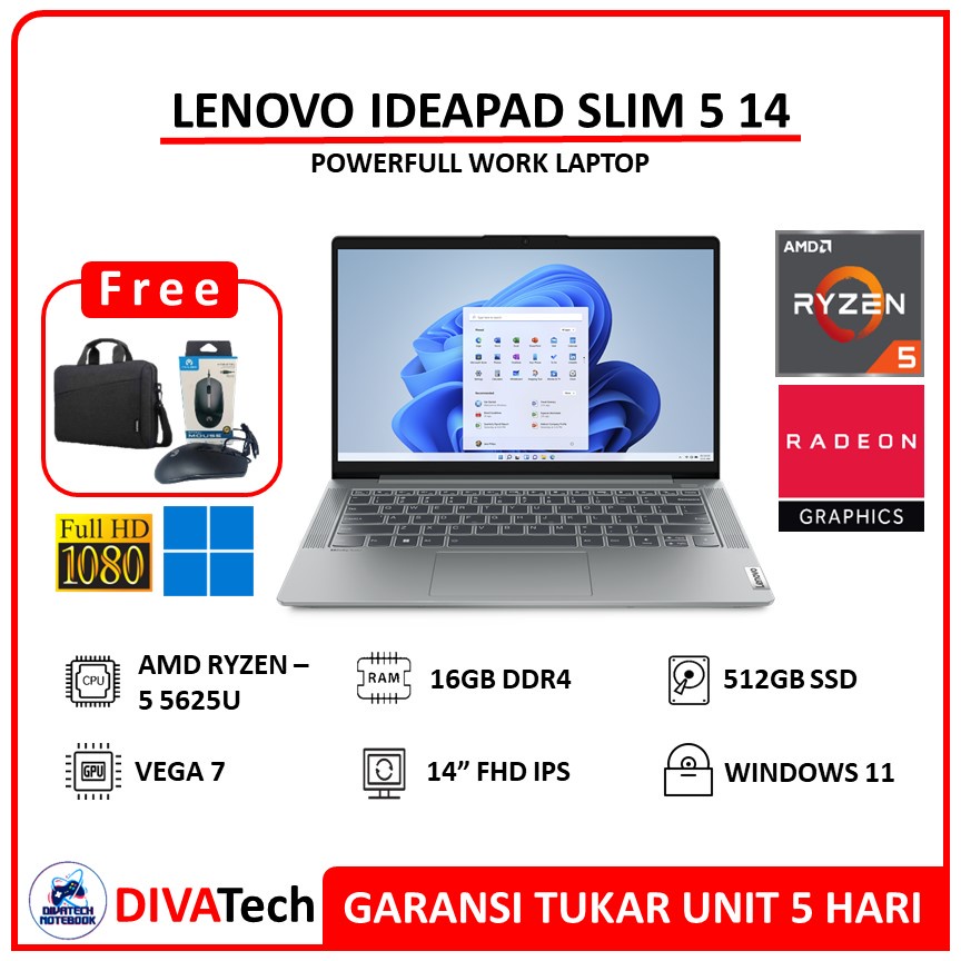 Lenovo Ideapad Slim 5 14 Ryzen 5 5625U 16GB 512GB SSD Vega 7 14.0FHD IPS W11 | Laptop Lenovo