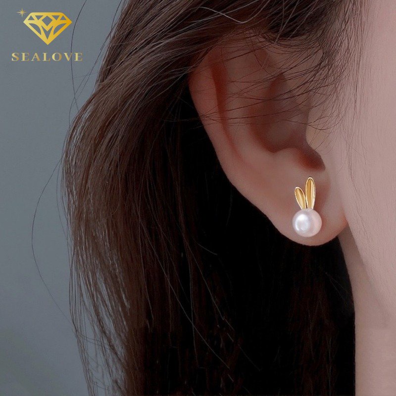 Anting-anting titanium anti karat, kelinci mutiara lucu, aksesoris Korea yang elegan