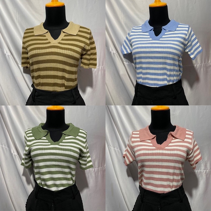 Atasan Kerah polo Rajut SALUR - Vneck Crop Top Blouse - Polo Shirt Atasan Wanita