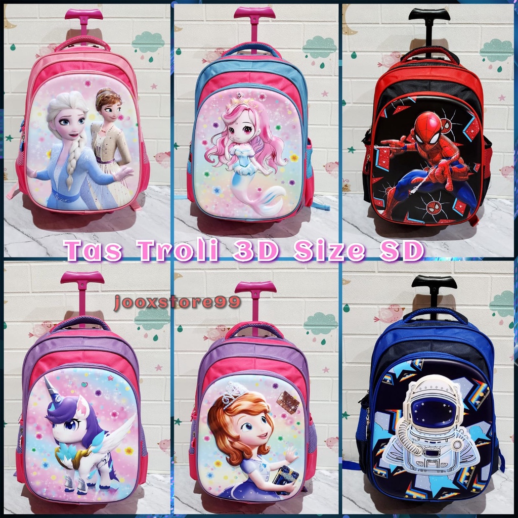 Tas Sekolah Troli Anak SD Motif Mermaid Unicorn Frozen Superhero Timbul 3D Tas Import Trolley Anak Perempuan dan Laki-Laki Tas Dorong Anak Koper Sekolah