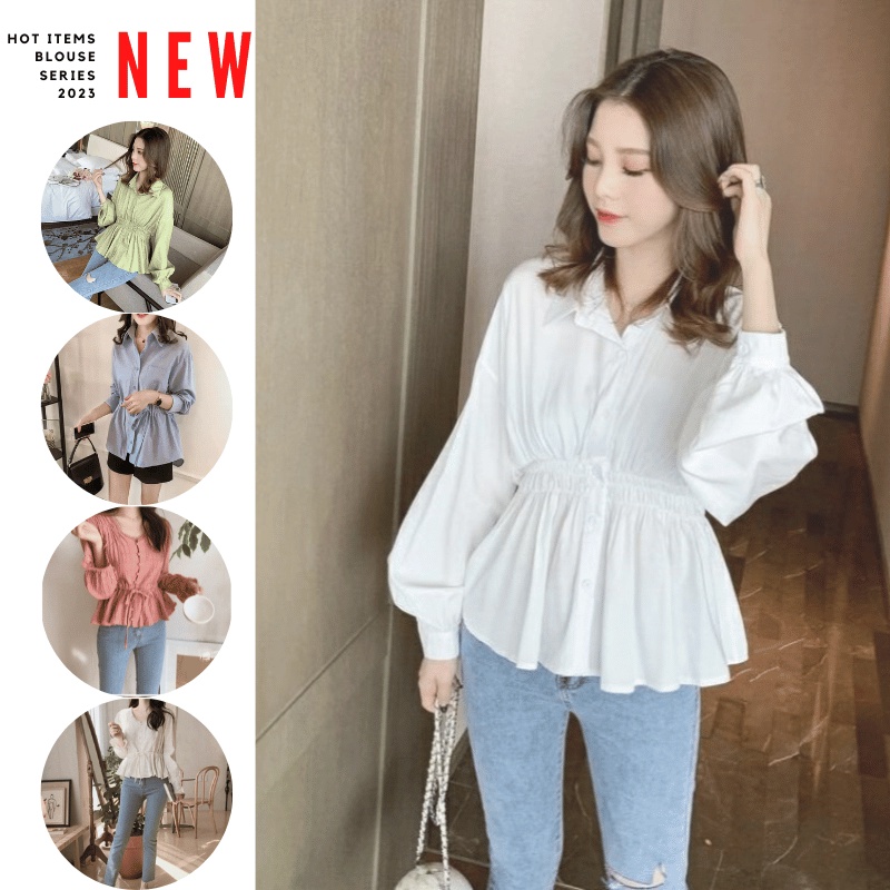 (Fit to XL) Blouse Gaya Korean - Blus Kemeja Wanita Blouse Kualitas Import Korea Kerut Kantor Lengan Panjang Batwing OOTD Atasan Wanita Lengan Panjang - Baju Dewasa Kampus Formal Perempuan ZR Vedia