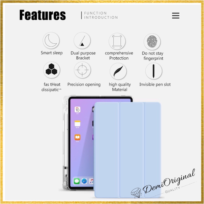 iPad Smart Soft Clear Magnetic Trifold Case Gen 7 / 8 / 9 / 10 Air 3 / 4 / 5 Mini 6 Premium High Quality with Stylus Pencil Holder Automatic Wake Sleep Function Ringan Lightweight