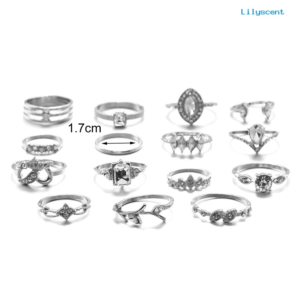 [LS]15Pcs /Set Cincin Jari Individualitas Kreatif Alloy Pola Berbeda Cincin Berlian Imitasi Untuk Kehidupan Sehari-Hari