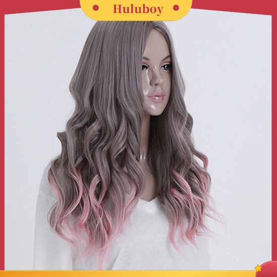 Wig Rambut Panjang Keriting Gelombang Warna Abu-Abu Pink Untuk Cosplay