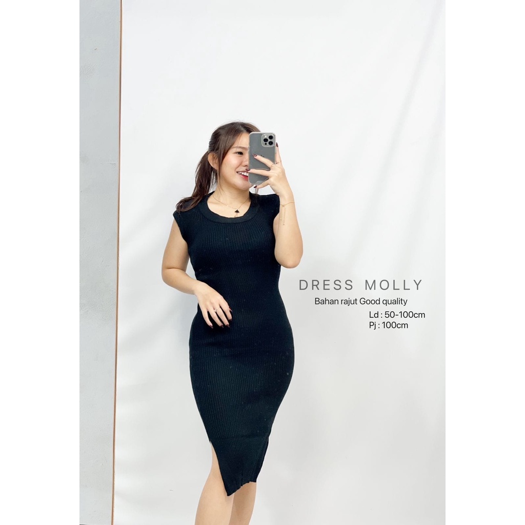 HOPYLOVY - Dress Midi Bahan Rajut Import Tanpa Lengan Good Quality Molly