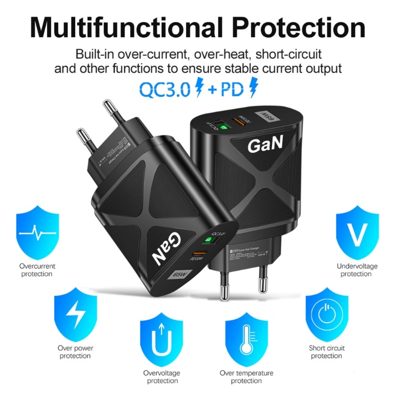 Zzz Portable 65W GaN Fast Charge Adapter Tipe C USB PD Quick Charging Block Pengisi Daya Tegangan Lebar Untuk Tablet Laptop