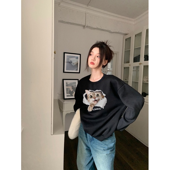 EUNII Sweater Lengan Panjang Cartoon Torn Cat Korean Style/Hoodie Oversize/Baju Wanita/Switer Wanita