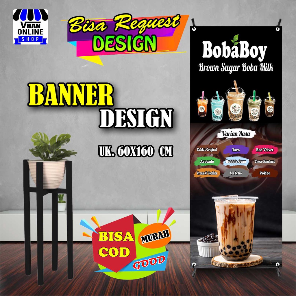Jual Spanduk Banner Jualan Boba, Jualan Minuman Viral, Model berdiri