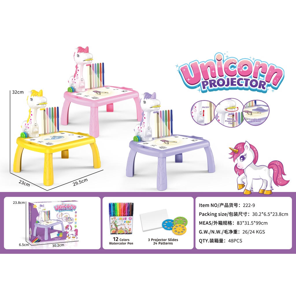 Meja Belajar Gambar Meja Gambar Anak Proyektor Meja Belajar Anak meja melukis ( ukuran mini and jumbo ) Mainan Motif Jerapah unicorn beruang table proyektor led dan musik