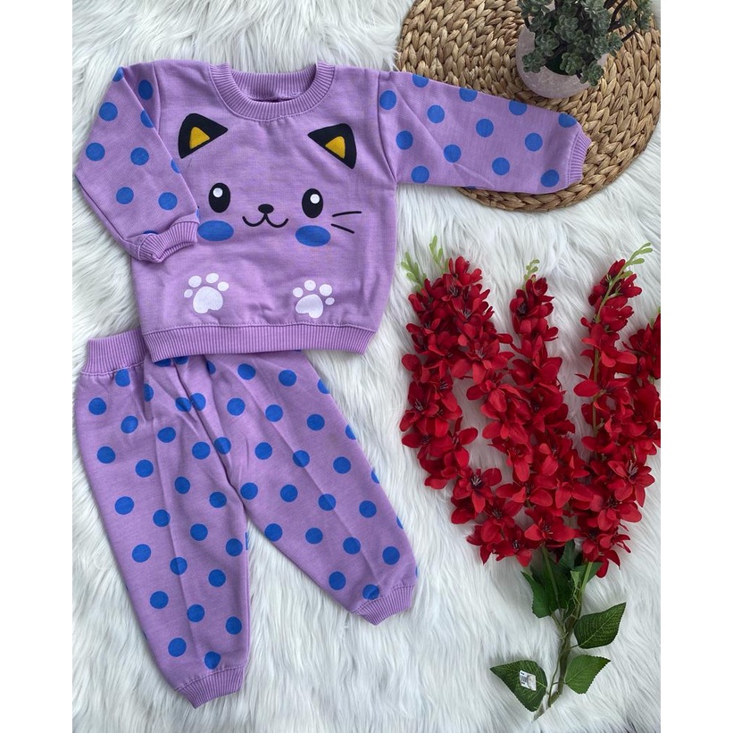 setelan sweater laki laki perempuan lucu murah motif kucing pulkadot 3 bulan - 5 tahun S,M,L