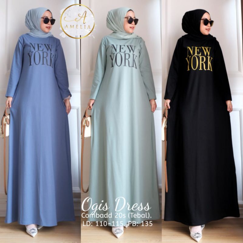 Gamis Dress Muslim Sablon New York Terbaru Best Seller.Ogis Dress Combad 20 s Tebal Ld 105-115