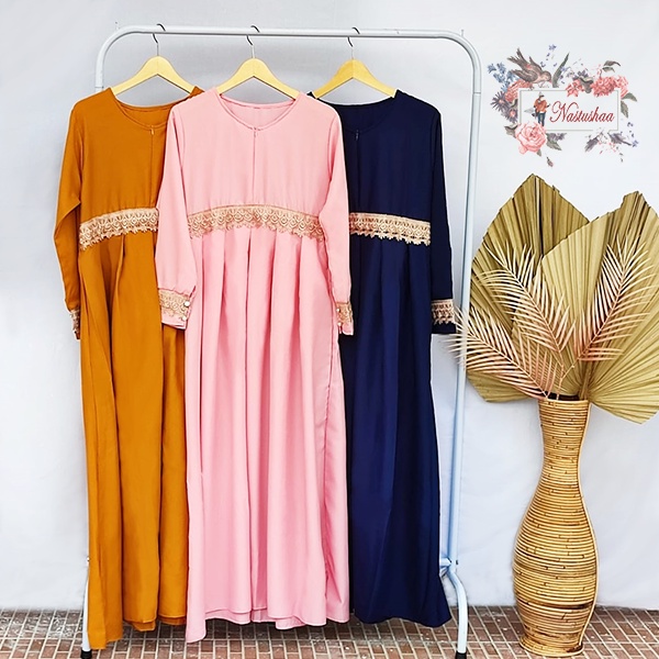 Gamis Syari Terbaru kekinian Bahan Wollycrepe Baju Masa kini Polos Mix Renda Cantik Promo Murah Long Dress Kombinasi Renda FREE PASHMINA