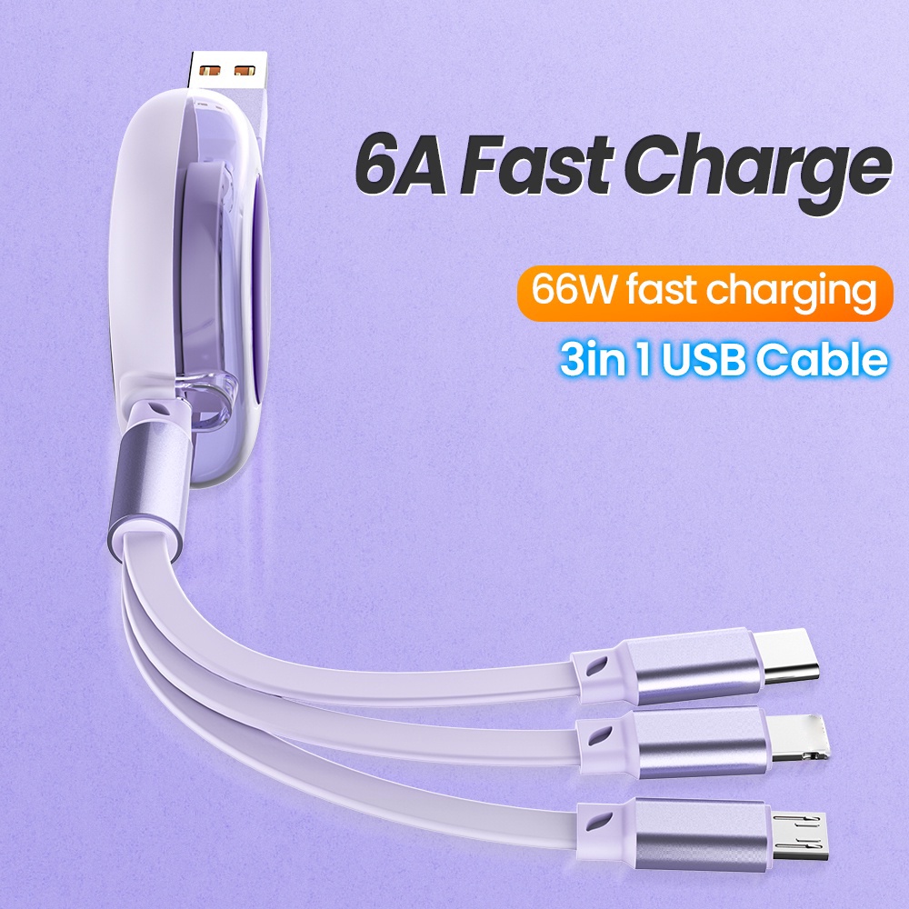 3in1 66W Kabel USB Pengisian Super 6A Kabel Pengisian Cepat Untuk Tipe C i-phone Android Kabel Data Micro USB Charger