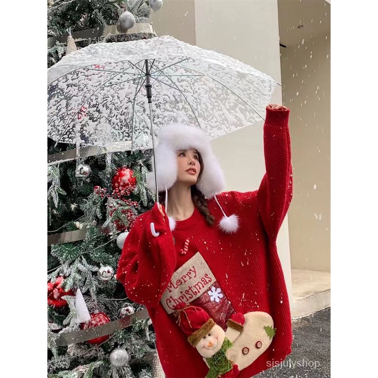 #Sisjuly# Jumper longgar wanita musim gugur dan musim dingin Natal merah kartun lucu atasan angin re