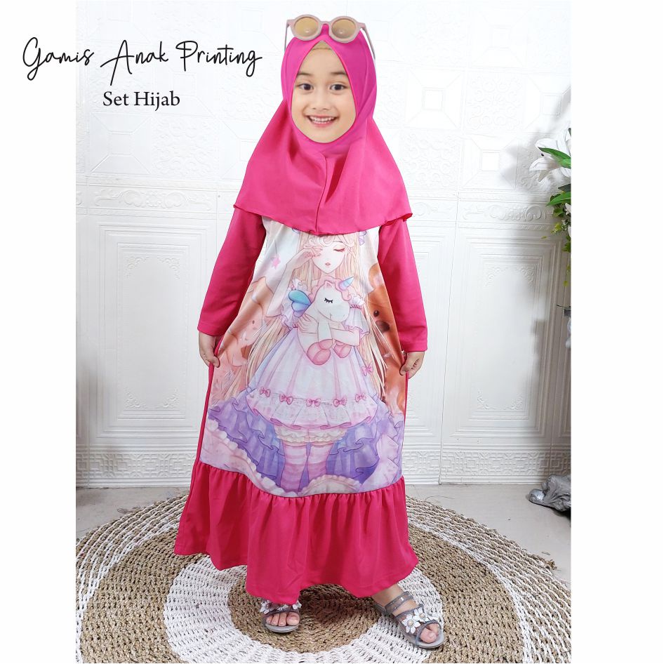 Gamis Anak Printing Set Hijab CF Kids