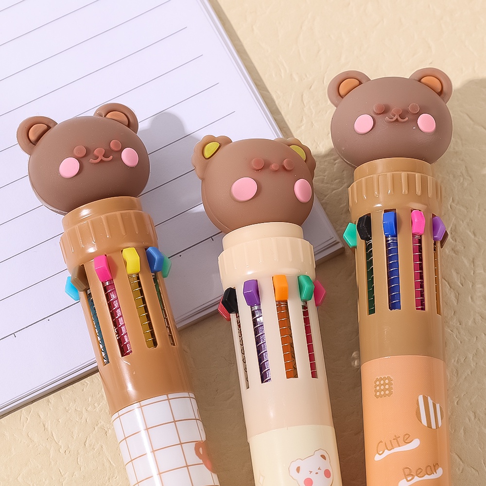 10warna Isi Ulang Pena Gambar Kartun Alat Tulis Alat Tulis Menulis Halus Kepala Beruang Kecil Ballpoint Pen Press-Tipe Pena Grafiti Fashion Kantor Sekolah Supply