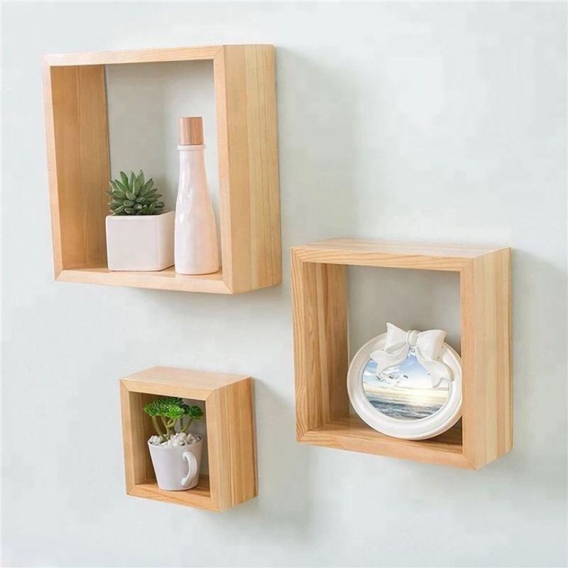 Rak dinding kayu dekorasi ruang tamu rak kayu persegi