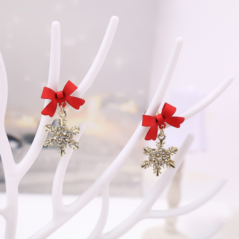 1pasang Shiny Zircon Pendant Earring Sweet Ladies Aksesoris Halus Perhiasan Telinga Natal Busur Snowflake Stud Earrings Untuk Pesta Pacaran Makan Malam
