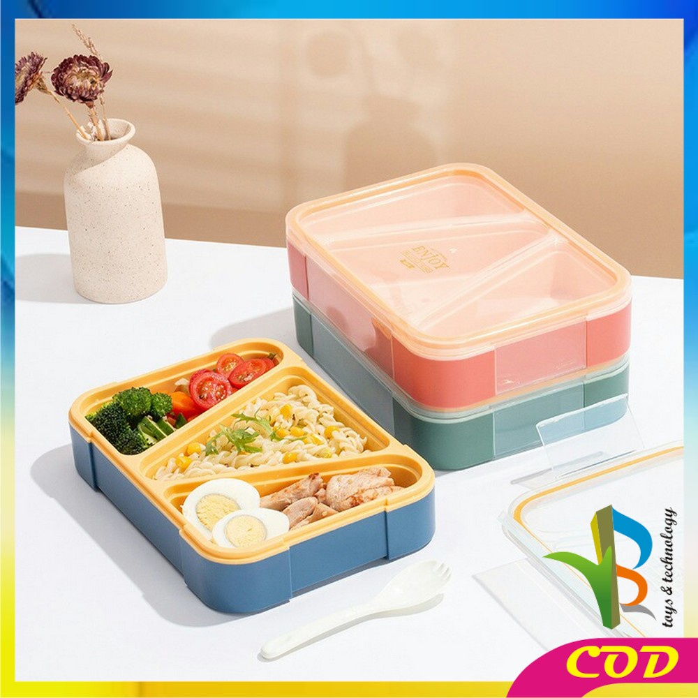 RB-C698 Kotak Bento BPA FREE Tempat Makan Set Sendok 3 Sekat Anti Tumpah / Tempat Bekal Sekat Segitiga Set Lunch Box Portable