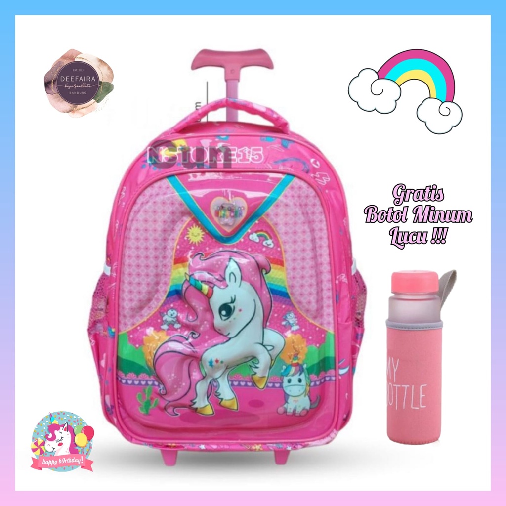 Tas Ransel Troli Anak Perempuan Motif 3D Un1qorn Rainbow Gratis Botol Minum Untuk Tk Dan Sd