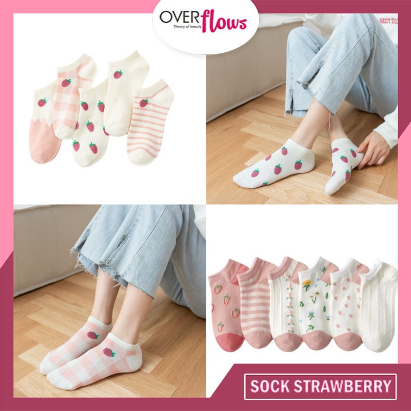 OVERFLOWS.ID  KAOS KAKI WANITA MOTIF STRAWBERRY KAOS KAKI GIRLY KARAKTER MURAH