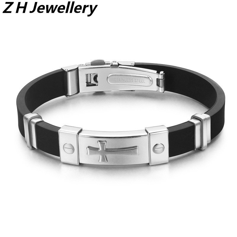 [Z H Perhiasan] Hip Hop Rock Retro Pria Fashion Stainless Steel Silikon Salib Gelang Pesta Perhiasan Aksesoris