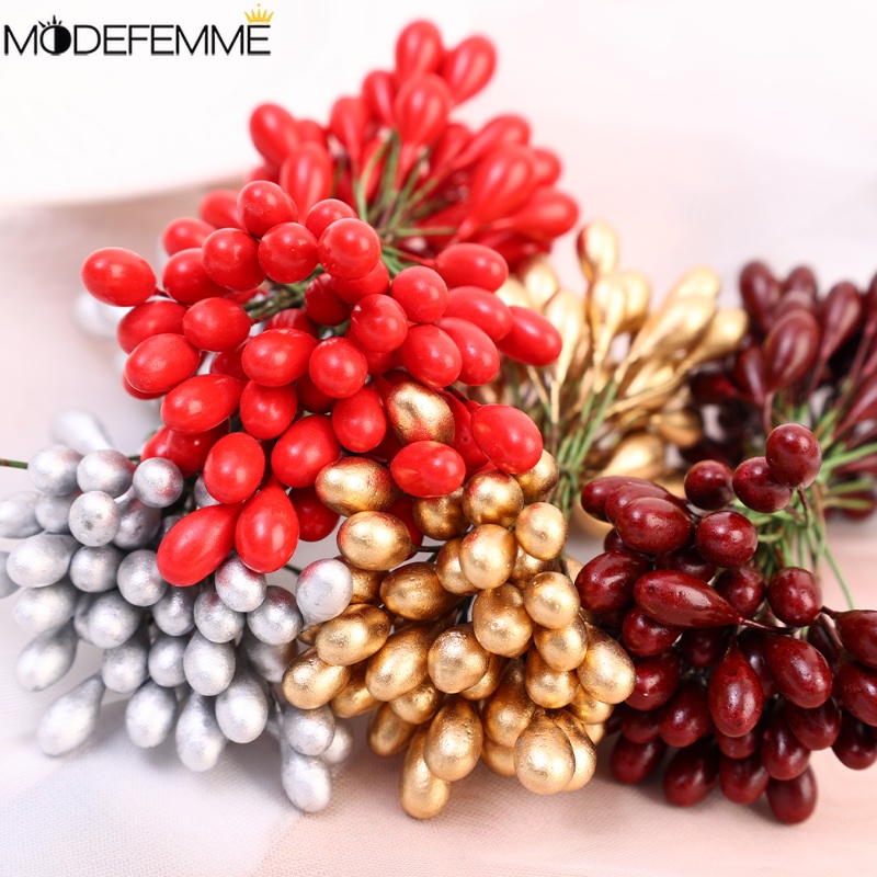 50pcs Tahun Baru Natal Pernikahan Pesta Dekorasi Buatan Merah Golden Berries Fleksibel 2kepala Berry Bunch Xmas Pohon Karangan Bunga DIY Ornamen