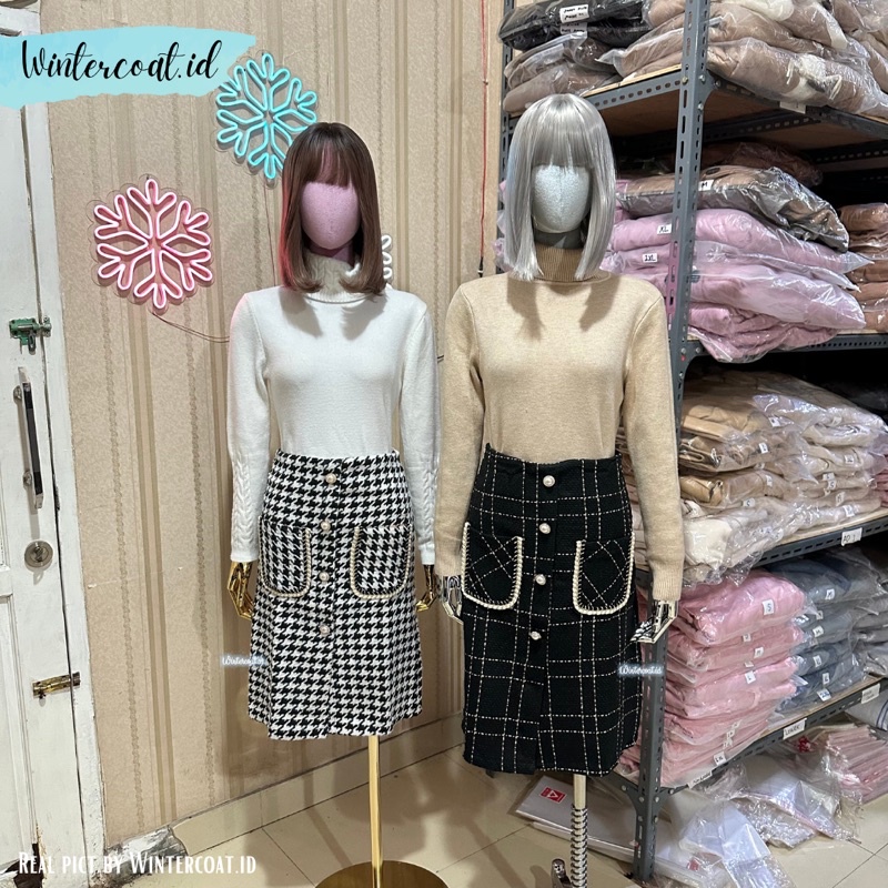 Rok tweed import houndtooth skirt fashion korean style autumn wanita woman cewek spring bawahan