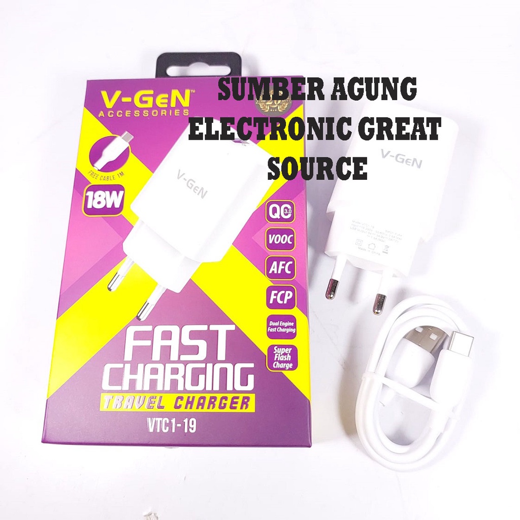 VGen Charger HP Set Baru Tipe C Type VTC1-19 Fast Charging 18W Termasuk Kabel